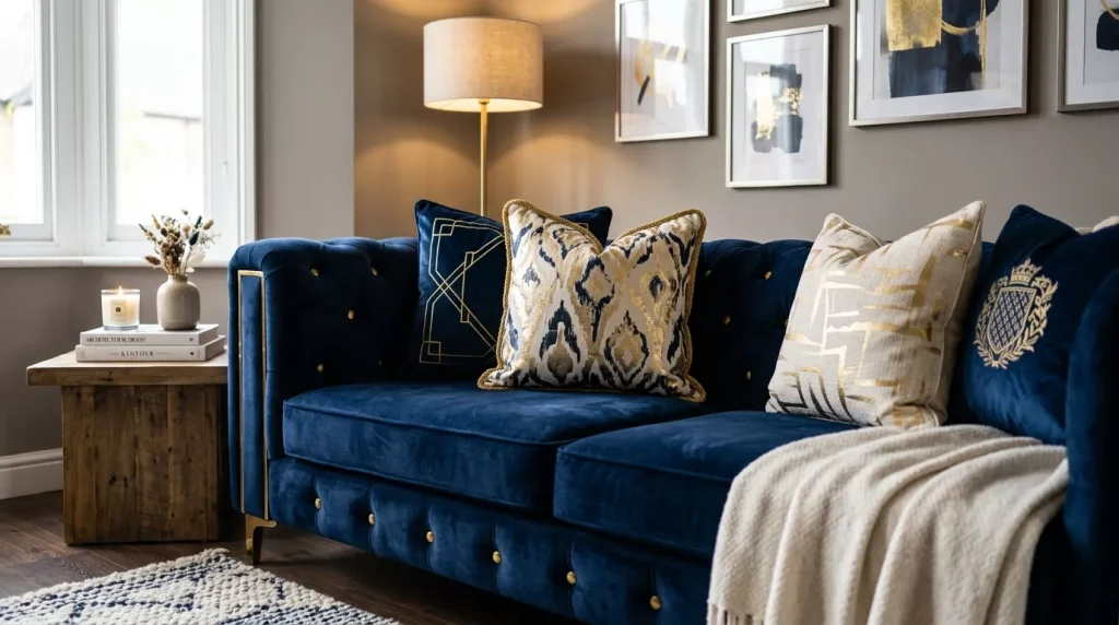 Navy Blue Home Decor Ideas: Bold & Elegant 9 navy blue velvet sofa cushions 202606141803 6a2ea70a0c3ac