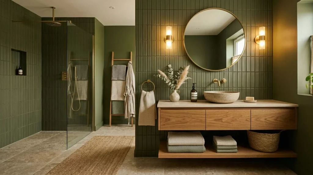 Olive Green Bathroom Ideas: Style, Tiles & Décor Tips 7 olive green bathroom oak vanity 202606190005 6a3441a461192