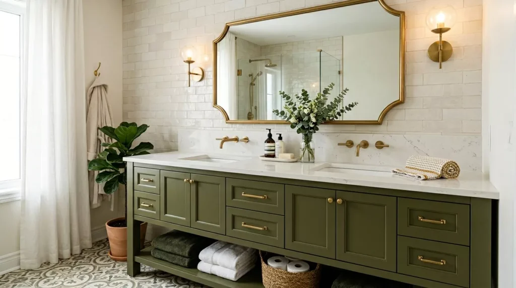 Olive Green Bathroom Ideas: Style, Tiles & Décor Tips 11 olive green bathroom vanity decor 202606190005 6a3441a30b832