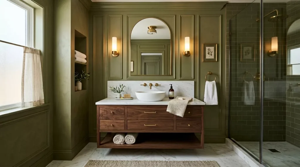 Olive Green Bathroom Ideas: Style, Tiles & Décor Tips 9 olive green guest bathroom vanity 202606190005 6a3441a1c3ef2