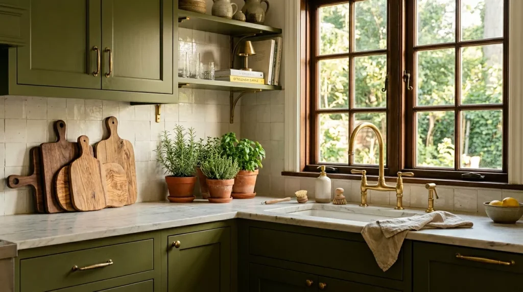 Olive Green Kitchen Styling Ideas for Every Home 6 olive green kitchen corner cabin 202606172339 6a32ea17c7a6b