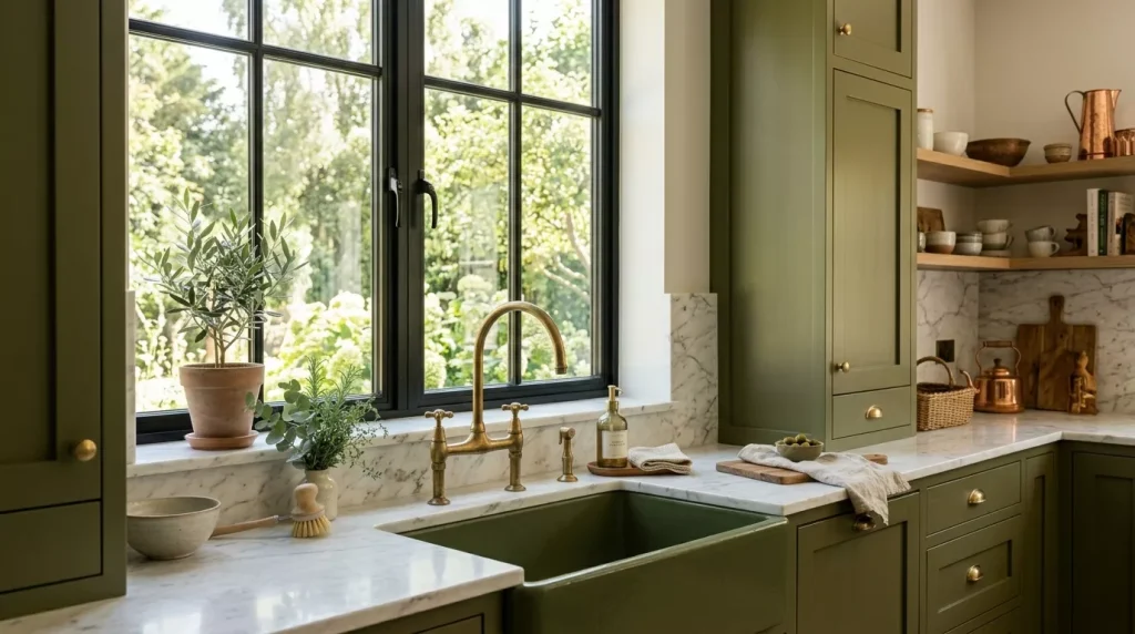 Olive Green Kitchen Styling Ideas for Every Home 11 olive green kitchen sink brass 202606172339 6a32ea13c81c5