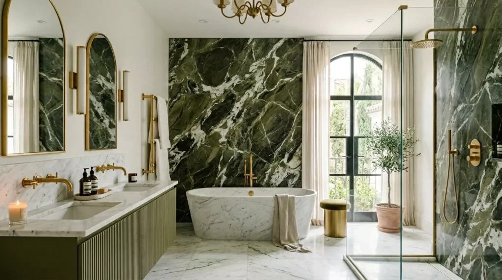 Olive Green Bathroom Ideas: Style, Tiles & Décor Tips 15 olive green white marble bathroom 202606190005 6a3441a012fe0
