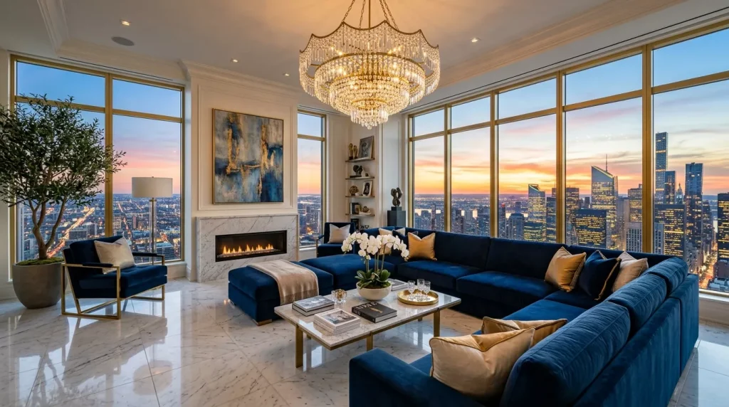 Navy Blue Home Decor Ideas: Bold & Elegant 10 penthouse living room city skyline 202606141804 6a2ea709d2e04