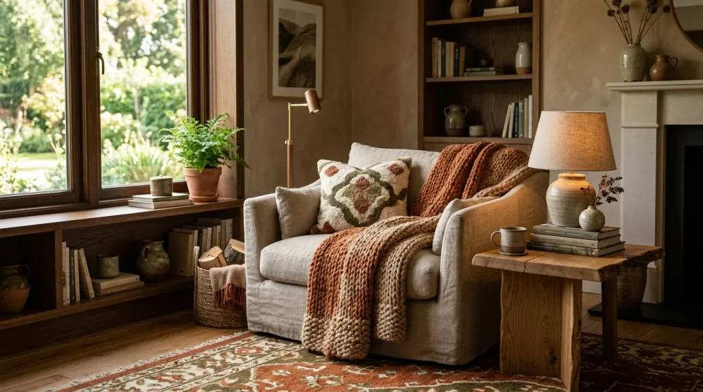 Warm Earthy Tones Living Room Ideas & Inspiration 12 reading corner in living room 202606181927 6a34007ab12bf