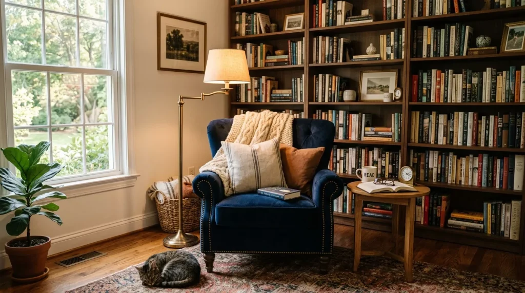 Navy Blue Home Decor Ideas: Bold & Elegant 11 reading corner with armchair boo 202606141803 6a2ea70862d32