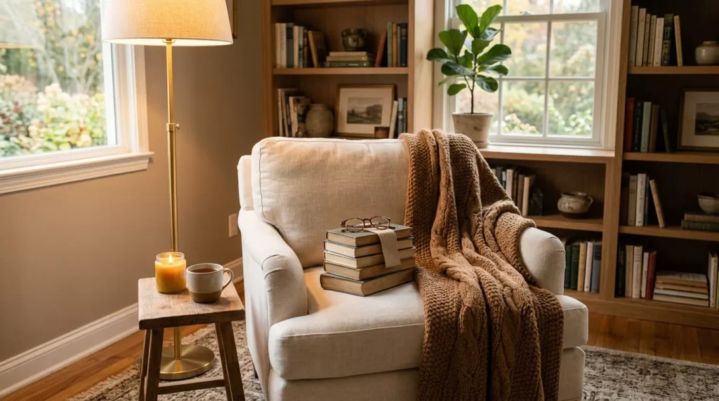 Caramel & Cream Home Decor Ideas for Every Room 15 reading nook with armchair books 202606181934 6a34020438335