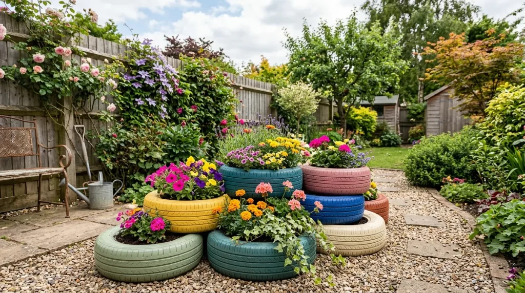 DIY Garden Projects: Ideas & Inspiration for Every Yard 9 recycled tire planters with flowers 202606122123 6a2c32ac26f2f 1