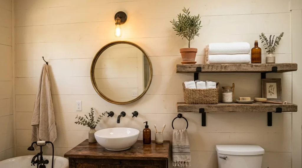 rustic bathroom with wood shelves 202606282255 6a416052d3e2a