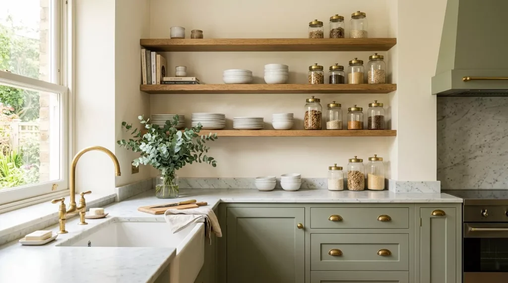 Open Shelving Kitchen Ideas for a Stylish Space 12 sage green kitchen natural wood 202606262323 6a3ec3ea04f0c