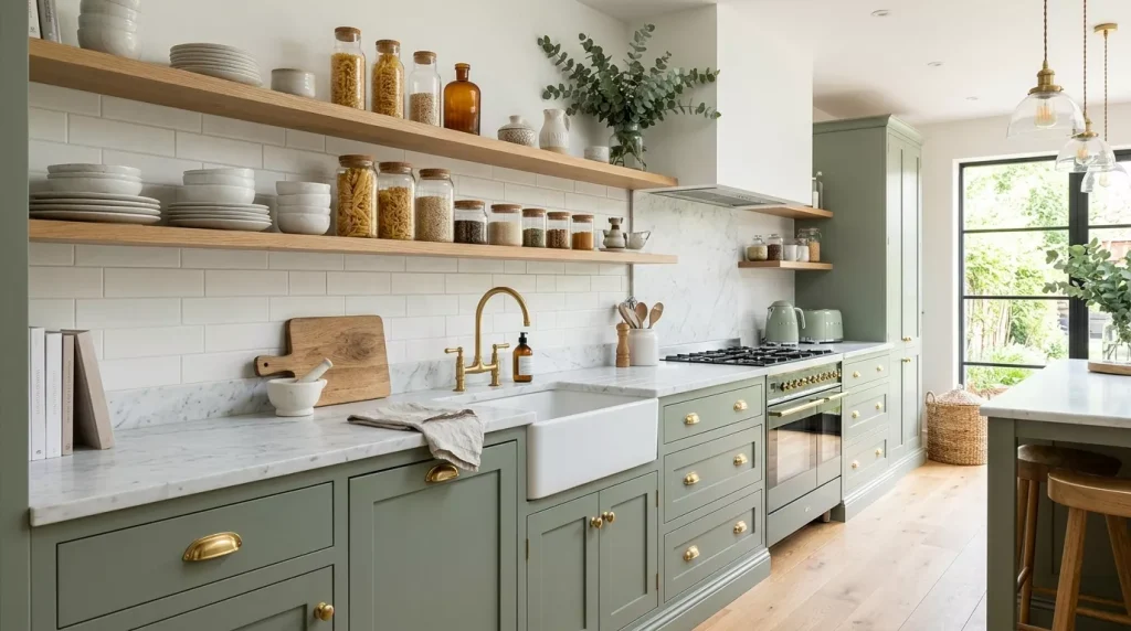Open Shelving Kitchen Ideas for a Stylish Space 14 stylish sage green kitchen featuring 202606262323 6a3ec3e77fadf
