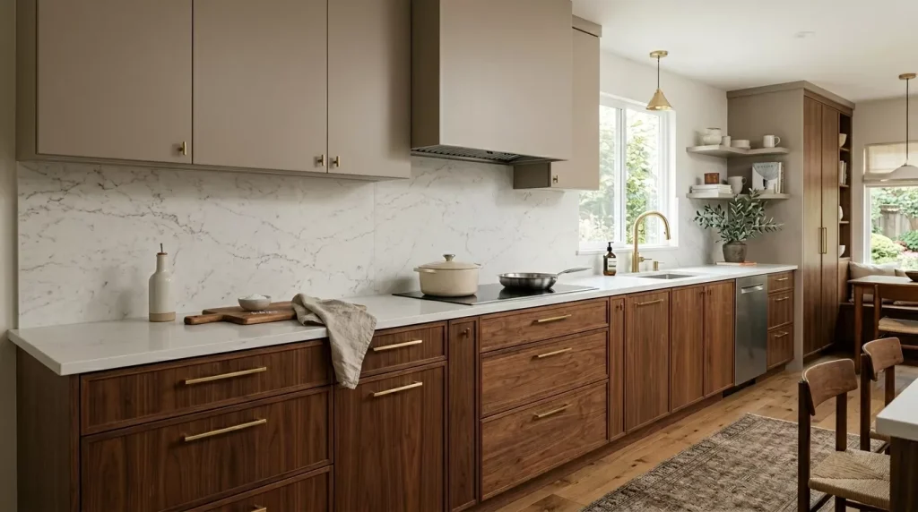 Two Tone Kitchen Cabinet Ideas: Fresh Inspiration 10 taupe and wood kitchen cabinets 202606190039 6a34499ac3a29