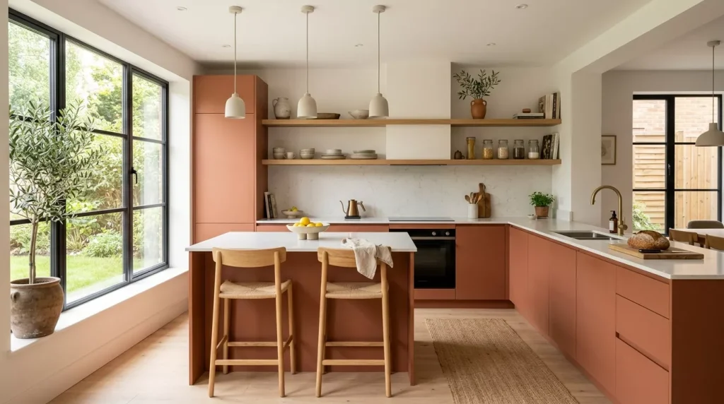 Terracotta Kitchen Color Scheme Ideas That Wow 12 terracotta kitchen with oak shelves 202606132307 6a2d9cdd708c0