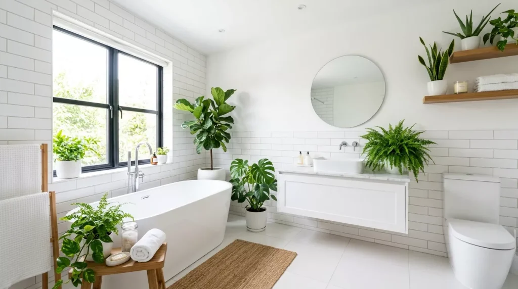 All White Bathroom Ideas: 20+ Timeless Inspirations 14 white bathroom with green plants 202606071628 6a25561c54207