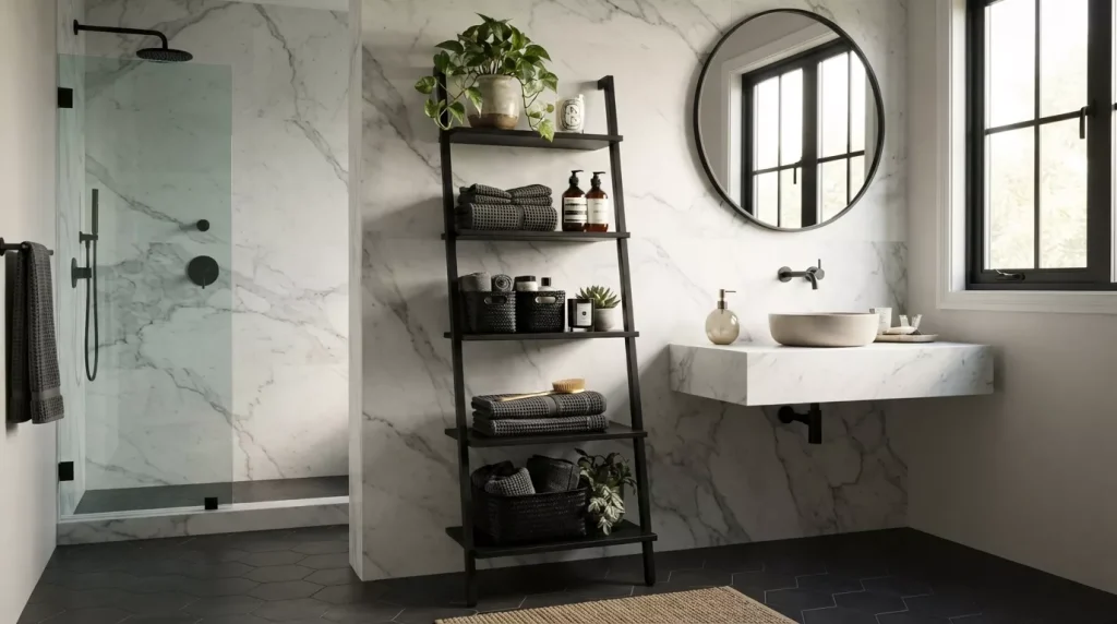 Ladder Shelf Ideas for Bathroom Storage & Style 4 bathroom ladder shelf with towels 202607050058 6a49669b3c73a