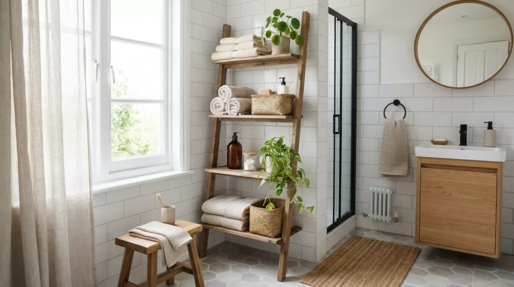 Ladder Shelf Ideas for Bathroom Storage & Style 8 bathroom shelf organizing towels 202607050059 6a4966819583b