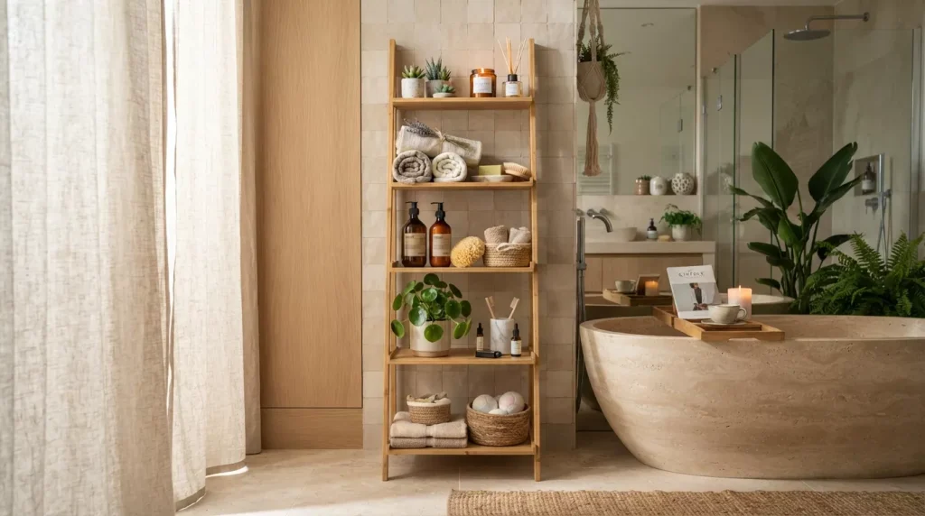 Ladder Shelf Ideas for Bathroom Storage & Style 9 bathroom with bamboo ladder shelf 202607050059 6a49667d3bb48
