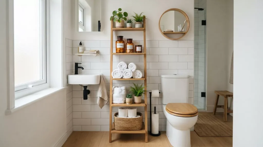 Ladder Shelf Ideas for Bathroom Storage & Style 3 bathroom with wooden ladder shelf 202607050058 6a4966aaf2d23