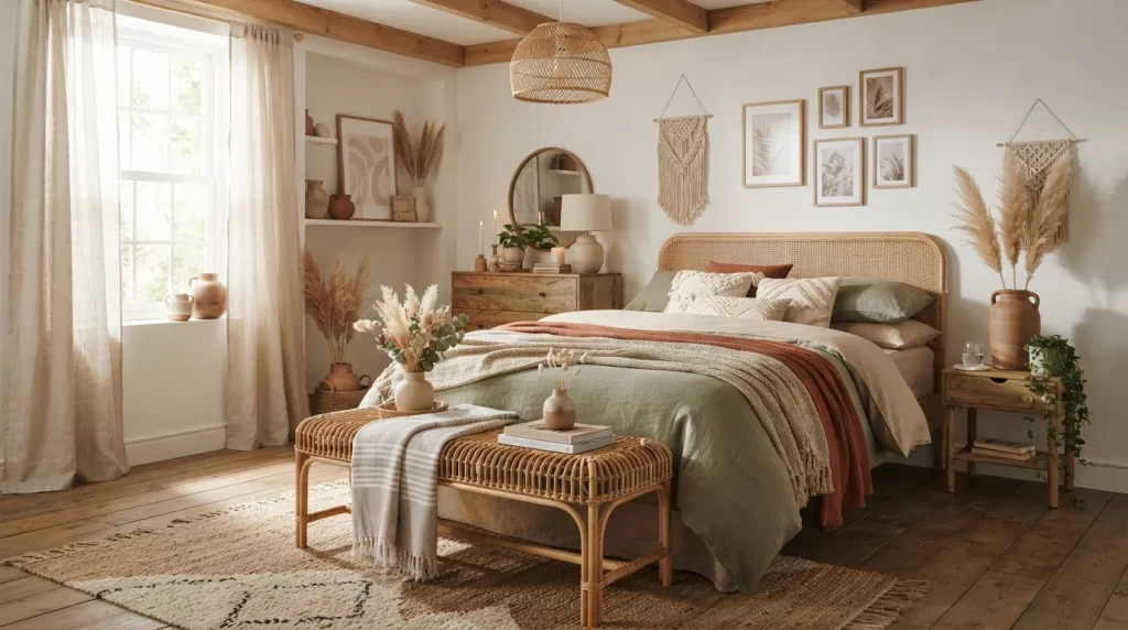Bedroom Bench Ideas to Elevate Your Space 7 boho bedroom with rattan bench 202607050043 6a4962b3ac97c
