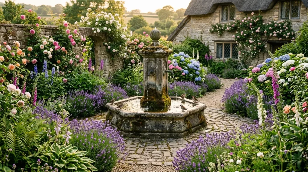 English Cottage Garden Ideas for a Charming Yard 8 cottage garden with stone fountain 202607072112 6a4d259e0dbf9
