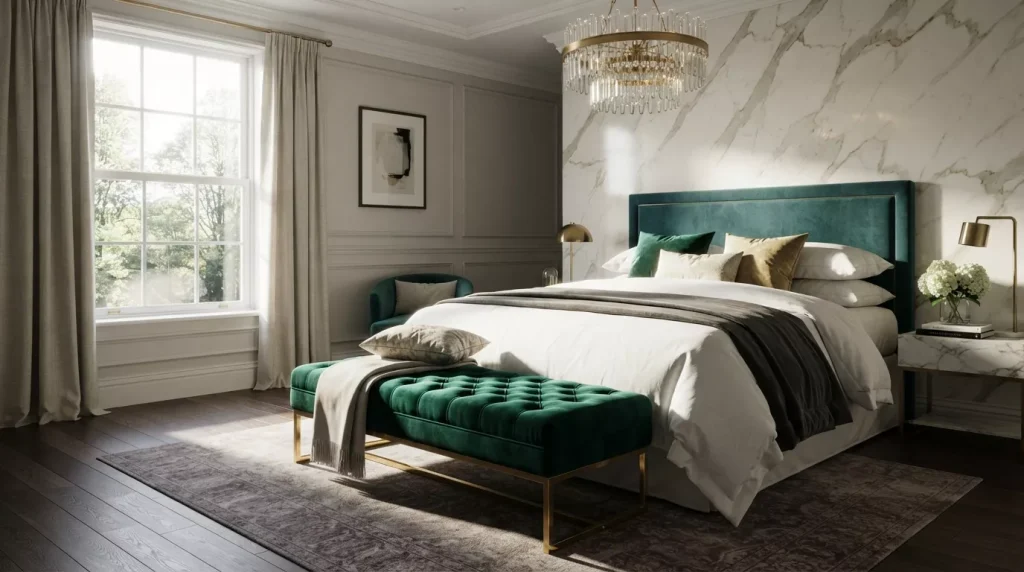 Bedroom Bench Ideas to Elevate Your Space 6 emerald velvet bench bedroom 202607050043 6a4962b3c8ac7