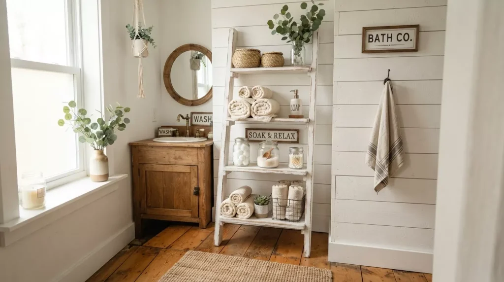 Ladder Shelf Ideas for Bathroom Storage & Style 5 farmhouse bathroom with ladder s 202607050058 6a4966937b04a