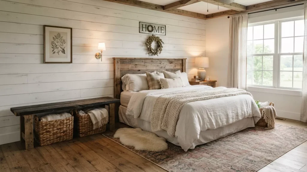 Bedroom Bench Ideas to Elevate Your Space 5 farmhouse bedroom with reclaimed 202607050043 6a4962b52e12e