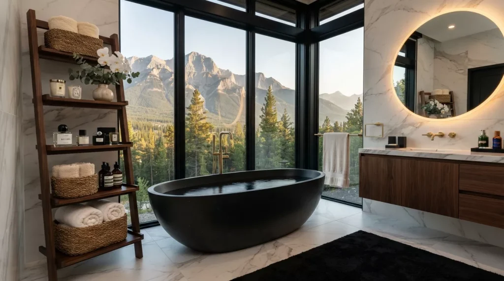 Ladder Shelf Ideas for Bathroom Storage & Style 1 luxury bathroom with mountain views 202607050101 6a4966bce9989 1