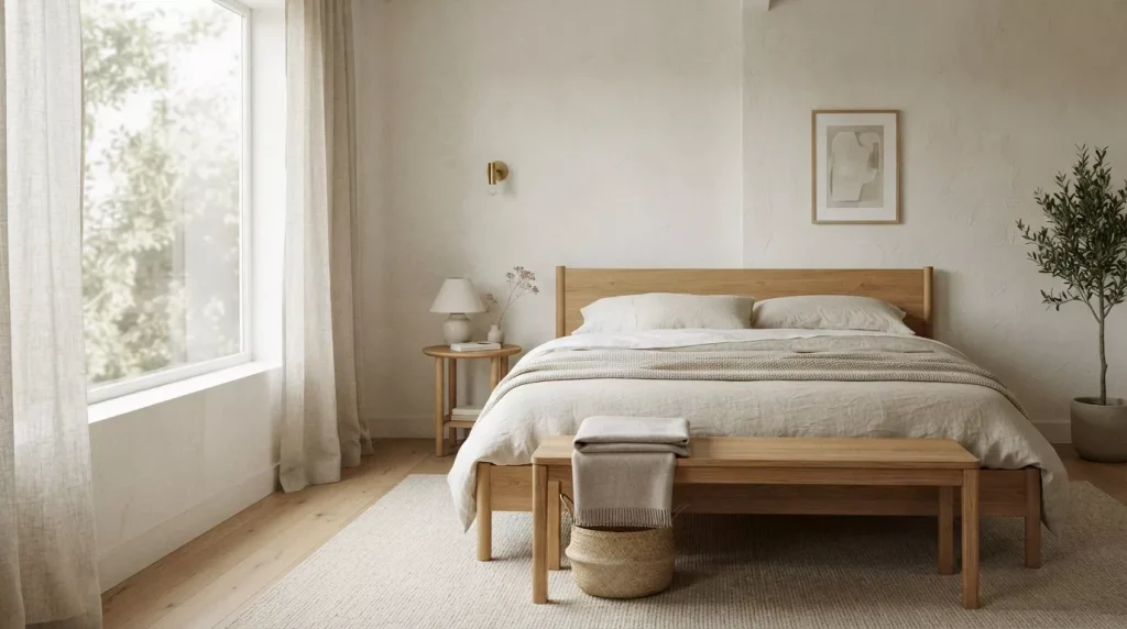 Bedroom Bench Ideas to Elevate Your Space 2 minimalist bedroom with oak bench 202607050043 6a4962b6a3345