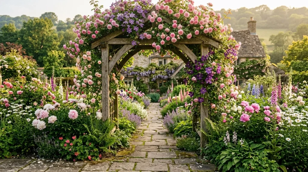 English Cottage Garden Ideas for a Charming Yard 5 wooden arbor with pink roses 202607072112 6a4d25a073b0c