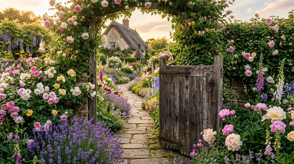 English Cottage Garden Ideas for a Charming Yard 4 wooden garden gate opening garden 202607072112 6a4d25a11f684