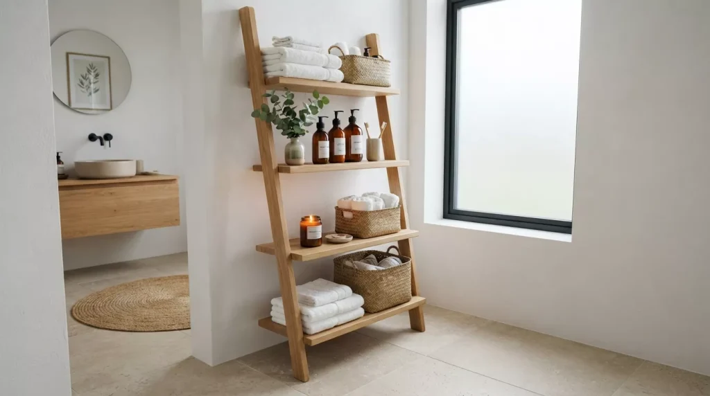 Ladder Shelf Ideas for Bathroom Storage & Style 2 wooden ladder shelf bathroom decor 202607050058 6a4966ae9b413