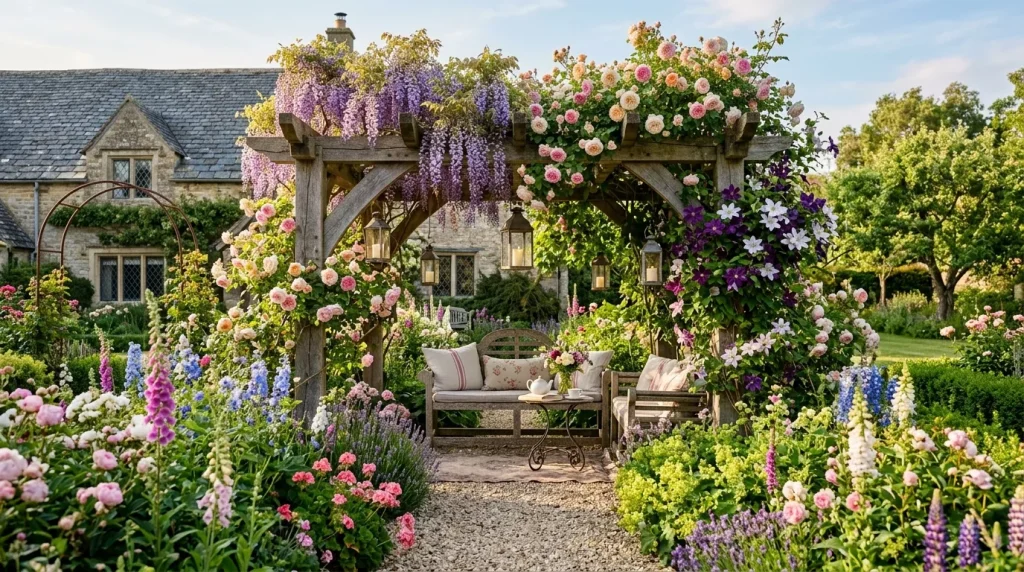 English Cottage Garden Ideas for a Charming Yard 3 wooden pergola blooming roses ga 202607072112 6a4d25a1d5771