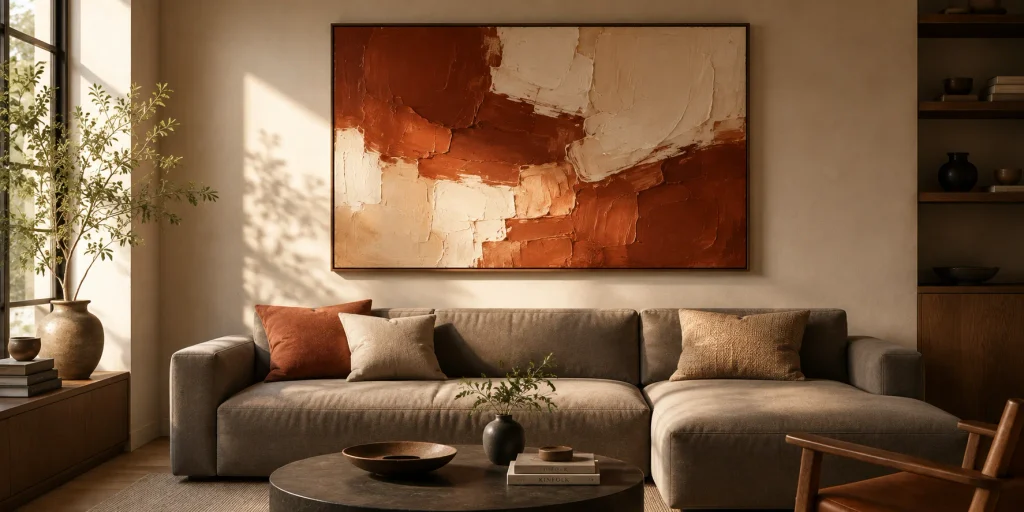 Bold abstract canvas art in terracotta tones above a gray living room sofa