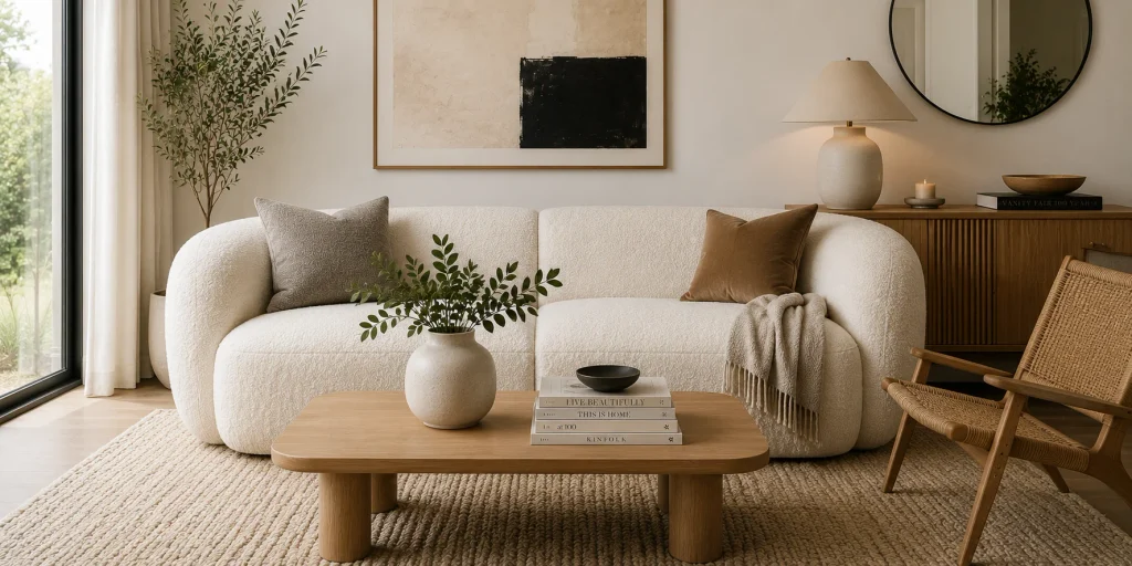 Bouclé textured cream sofa adding depth to a modern living room