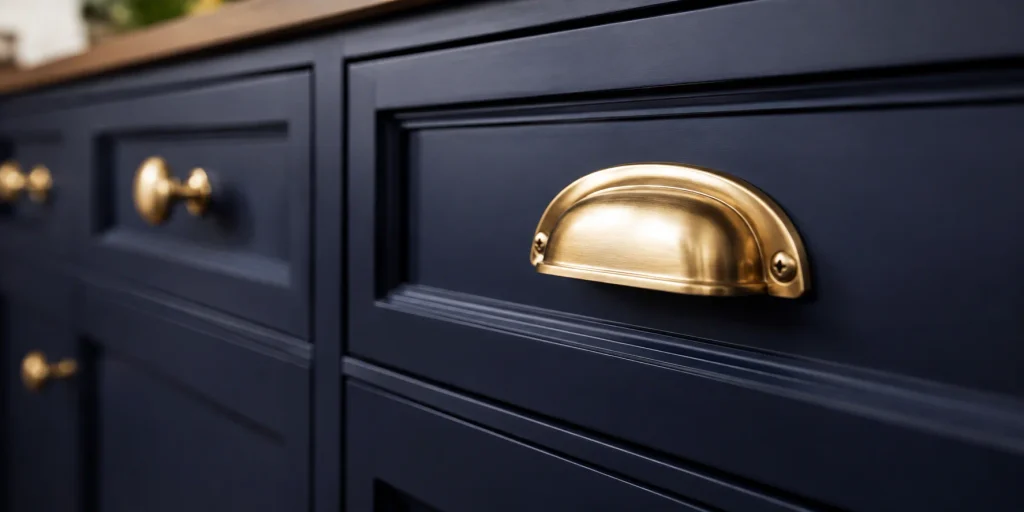Brass cabinet hardware on a navy blue storage cabinet