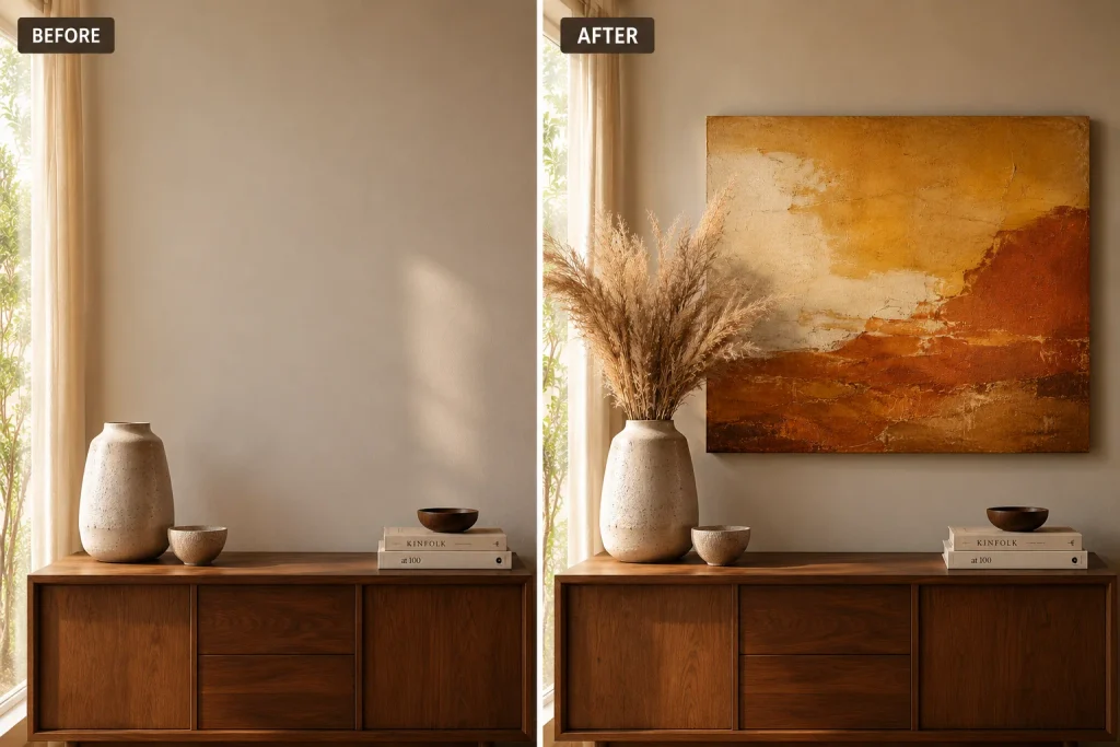  Large gallery-wrapped canvas art above a walnut console in a living room