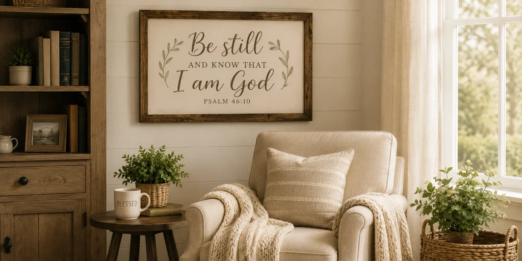 Hand-lettered Christian wall art in a rustic wood frame above a reading chair