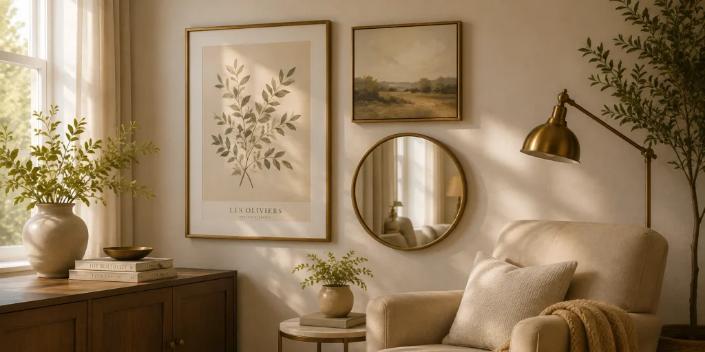 Framed print, canvas, and mirror grouped as a cohesive living room wall collection