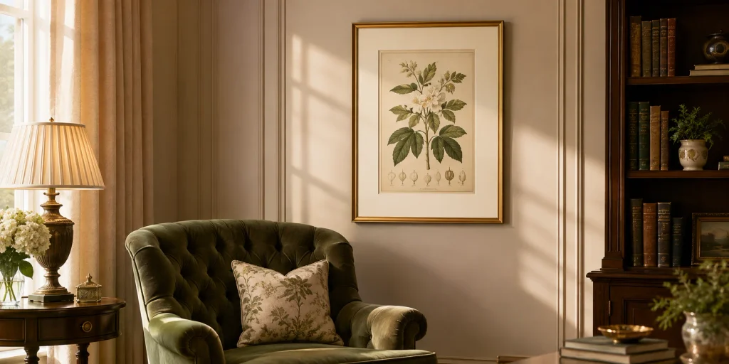 Botanical print in a brass frame with cream matting above an armchair
