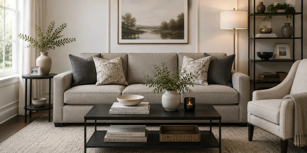 Greige fabric sofa in a transitional-style modern living room