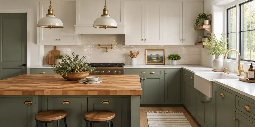 Two-tone sage-green kitchen cabinets and storage with brass hardware