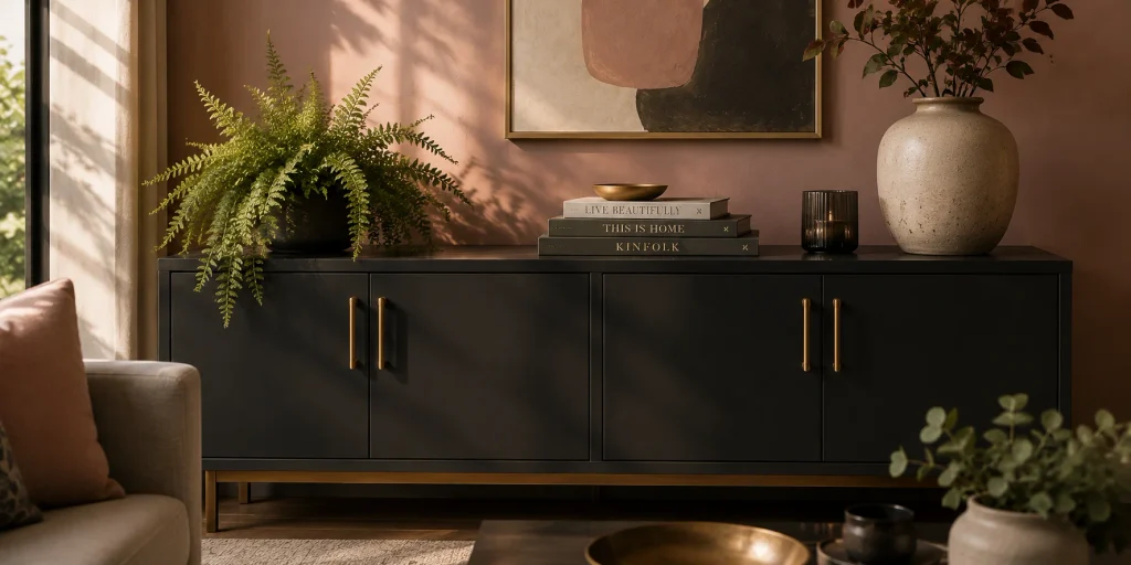 Charcoal living room cabinet with gold handles and styled decor