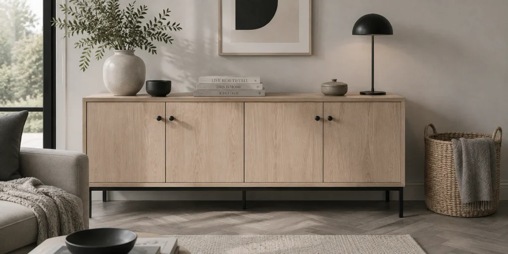 Light ash living room storage cabinet in a minimalist living room