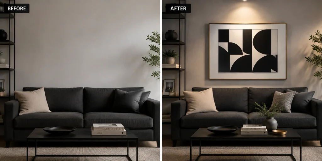 Black-and-white geometric wall art above a charcoal sofa in modern living room