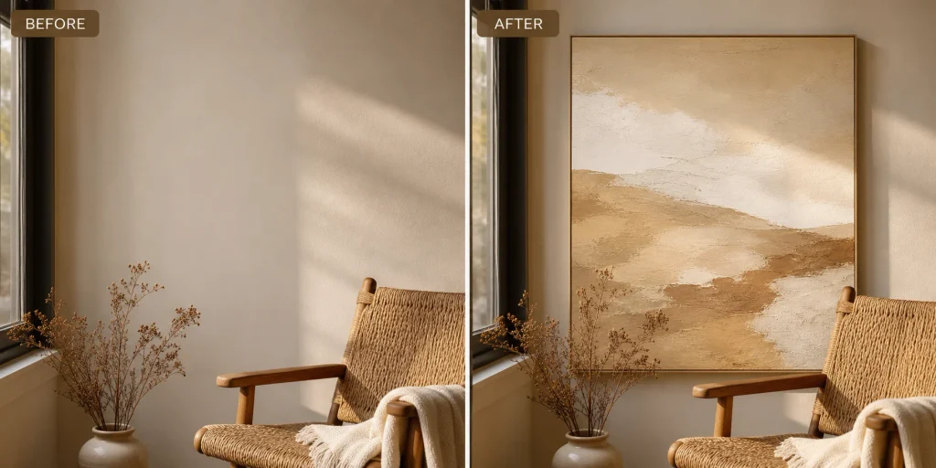 Neutral tan and cream abstract canvas art beside a woven jute chair