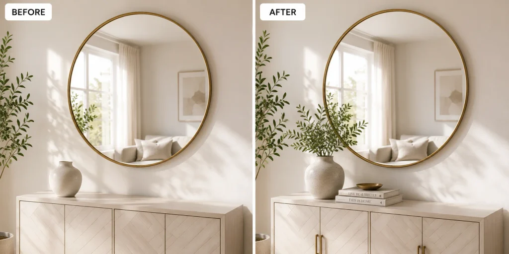 Large round brass-framed mirror reflecting light above a living room console