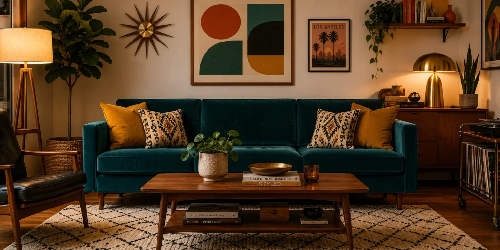 Teal velvet sofa in a mid-century modern living room