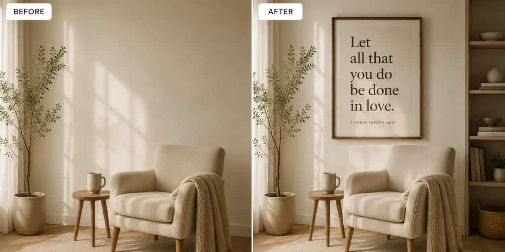 Framed typography quote print above a cozy living room reading nook