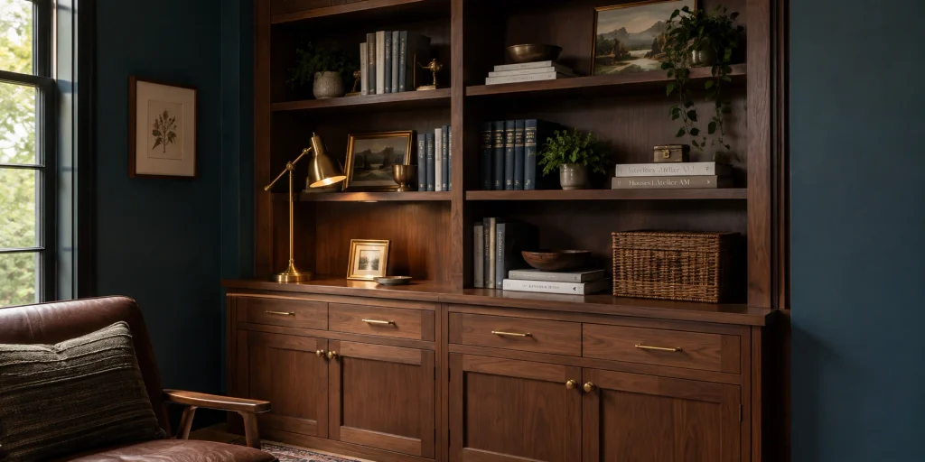 Walnut built-in cabinets and storage with baskets for layout tips